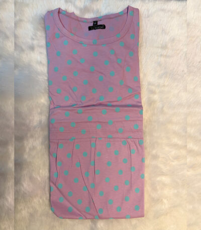 Step into playful comfort with our Bubble Bliss Lounge Dress – a soft, breezy piece with charming aqua polka dots on a blush pink base.