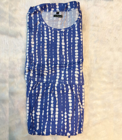 Relax in style with our indigo blue lounge dress featuring abstract white strokes. Soft fabric, easy fit—perfect for cozy, creative lounging.