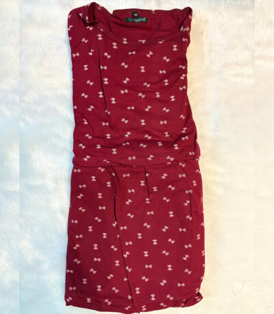 Relax in style with this bow-printed berry red lounge dress – soft, playful, and perfect for cozy days at home.