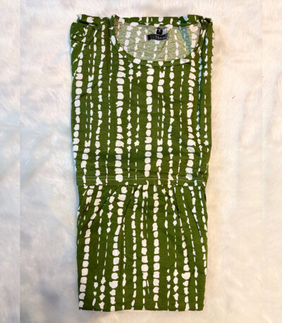 Breathe easy in this olive green lounge dress with a soft white dotted stripe pattern—perfect for cozy, relaxed days at home.